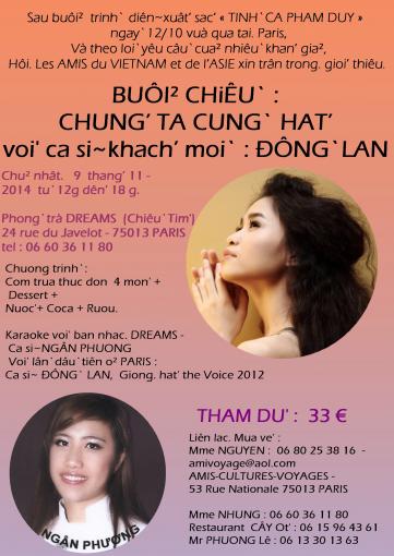 Chung Ta Cung Hat  le dimanche 9 novembre avec l'artiste ĐÔNG`LAN de 12h à 18h