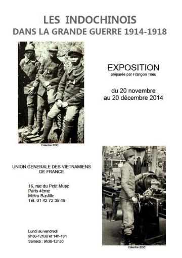 Exposition "Les Indochinois dans la Grande Guerre 1914-1918" du 20/11 au 20/12 à l'UGVF