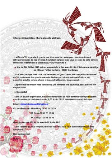 Fête du Tết Việt Nam à Bordeaux le 1er Mars 2015 à 19h30 au siège de l’Union, 75 rue Leyteire Fête du Tết Việt Nam à Bordeaux le 1er Mars 2015 à 19h30 au siège de l’Union, 75 rue Leyteire