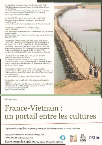 Vendredi 6 avril 2018 (16h-18h), intervention de Pascal Bourdeaux sur la revue France-Asie et de Hoàng Nhuy sur l’édition littéraire au Vietnam dans le cadre du séminaire « France-Vietnam : un portail entre les cultures » à l’ENS (Paris 5e) + programme 20