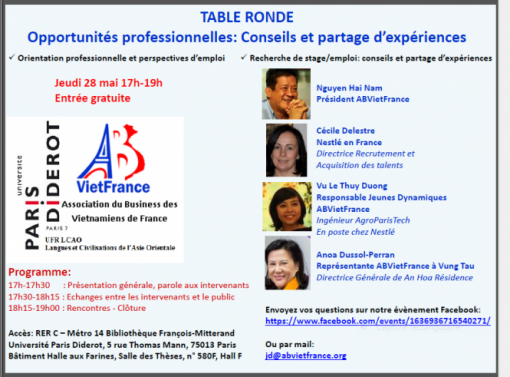 Jeudi 28 mai 2015, 17h à 19h : table ronde sur les opportunités professionnelles : conseils et partages d’expériences, Paris 13e Jeudi 28 mai 2015, 17h à 19h : table ronde sur les opportunités professionnelles : conseils et partages d’expériences, Paris 13e