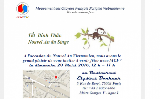 Rectificatif : Fête du TET du MCFV, le dimanche 20 mars 2016, 12h – 17h - Restaurant Elysées Bonheur , Paris 8è
