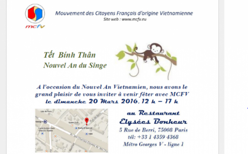 Rectificatif : Fête du TET du MCFV, le dimanche 20 mars 2016, 12h – 17h - Restaurant Elysées Bonheur , Paris 8è Rectificatif : Fête du TET du MCFV, le dimanche 20 mars 2016, 12h – 17h - Restaurant Elysées Bonheur , Paris 8è