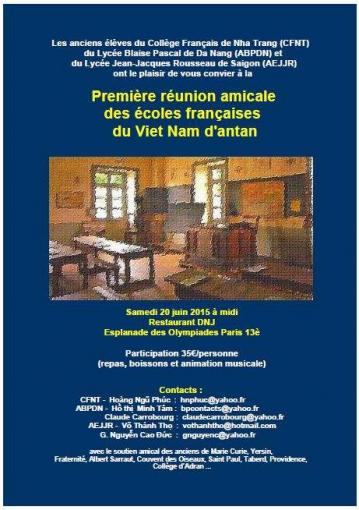  Réunion amicale des écoles françaises du Viet Nam d'antan le samedi 20 juin 2015 à Paris