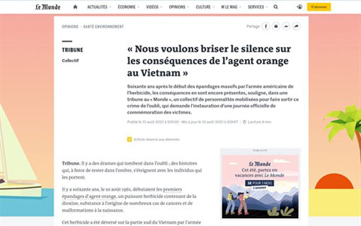 "Nous voulons briser le silence sur les conséquences de l'agent orange au Vietnam" : un article, paru dans "Le Monde", de l'association Collectif Vietnam-Dioxine 